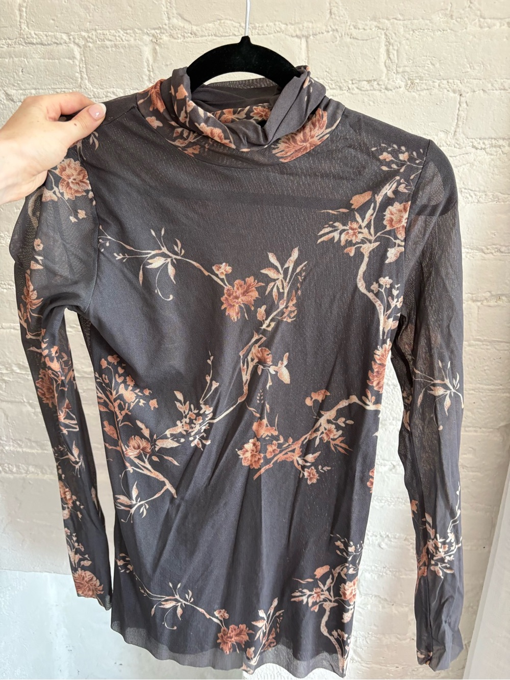 Ganni Charcoal Floral Mesh Turtleneck with Peach Flowers